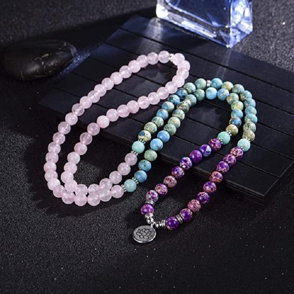 108 Mala Beads 8mm Rose Quartz Jasper Stone Beaded Bracelet Lotus Charm Necklace - Picture 2 of 4